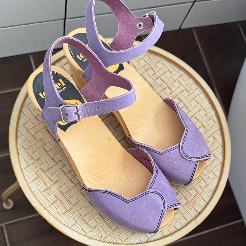 Swedish Hasbeens Purple Peep-Toe Mules - Picture 3 of 7
